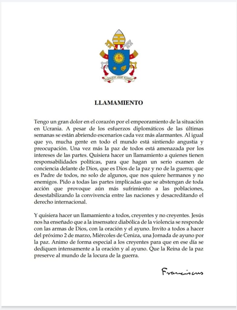 El Papa invita a una jornada de oración y ayuno por la paz en Ucrania ...